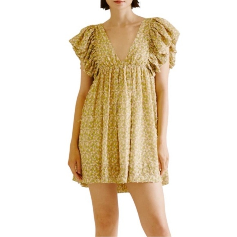 STORIA YELLOW FLORAL RUFFLE MINI DRESS SIZE MEDIUM COTTAGECORE ROMANTIC NWT